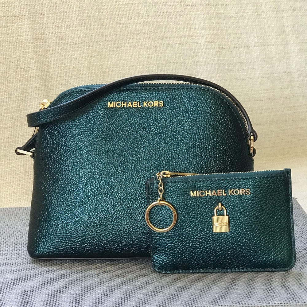 Michael Kors Emerald Green Pebbled Leather Crossbody with Card Pouch